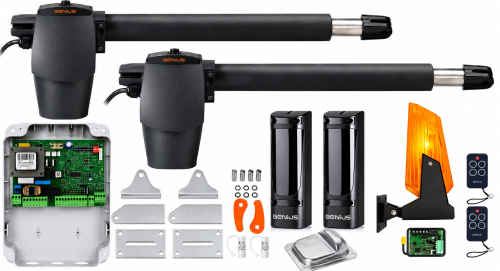Napęd do bramy dwuskrzydłowej GENIUS G-BAT 300-2x pilot, foto, lampa, stoper